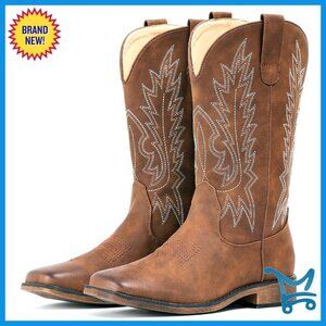 Mid Calf Western Boots Square Toe Embroidered Pull On Women's Shoes